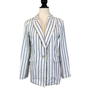Black Tape Blue White Stripe One Button Jacket Linen Blend Blazer Coats32#35
